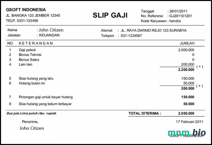 Indonezja gsoft payslip szablon w programie Word w formacie PDF